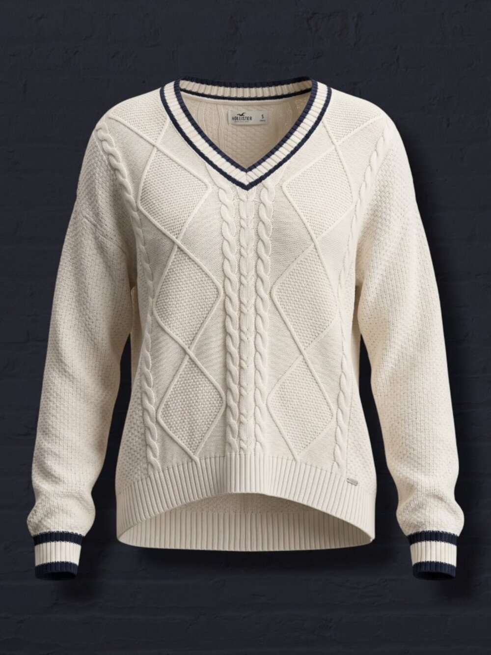 Hollister Classic Cream Cable Knit Varsity V-Neck Sweater S